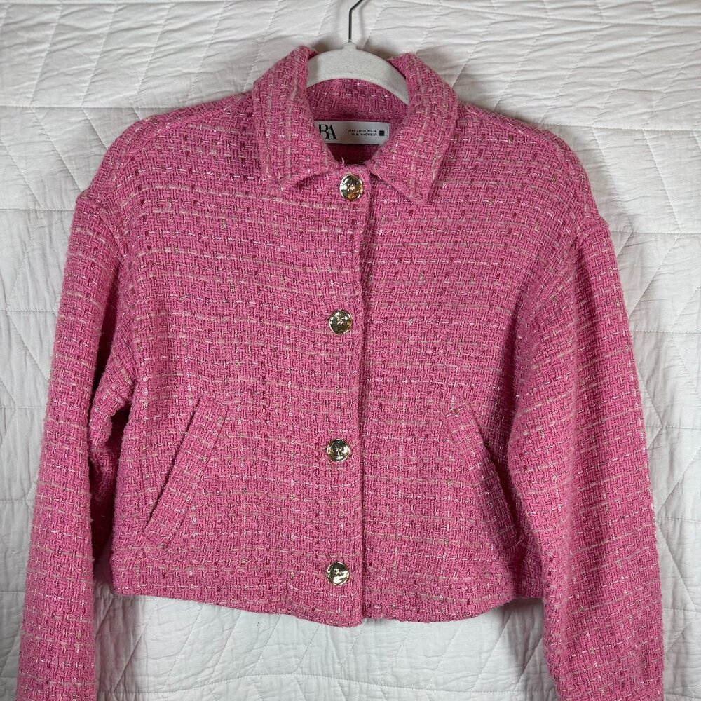 Zara pink tweed cropped jacket with gold buttons